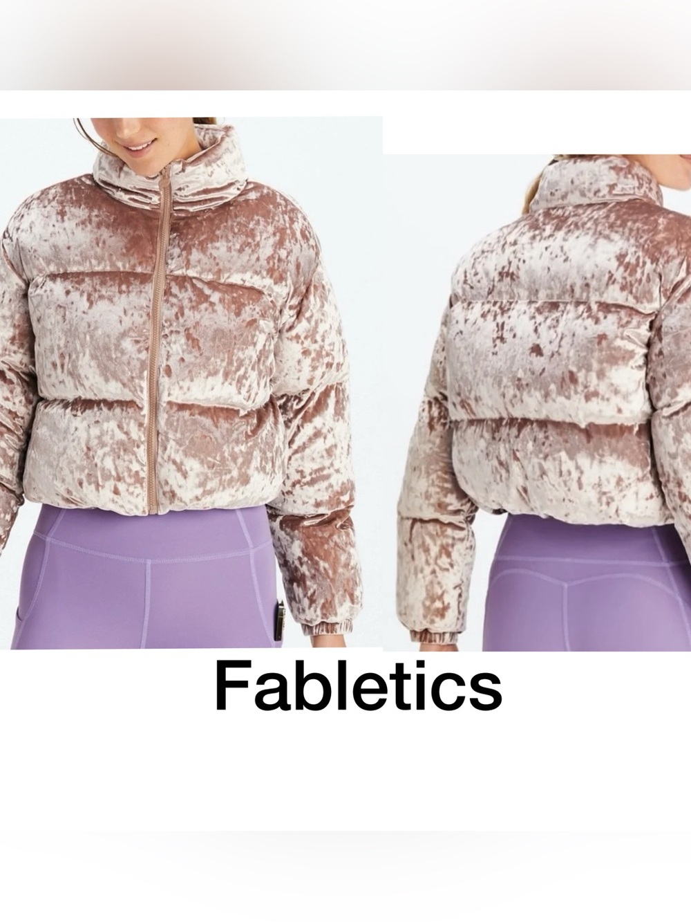 Fabletics Crushed Velvet Cropped Puffer Jacket in Blush